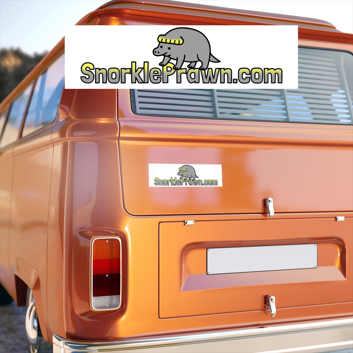 Orange van with a Snorkle Prawn bumper sticker