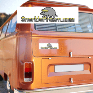 Orange van with a Snorkle Prawn bumper sticker
